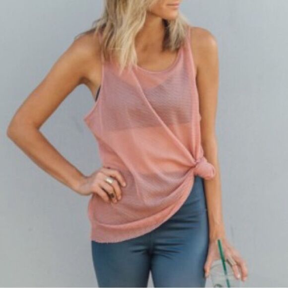 Alo Yoga Lucid Tank Top Size Large Pink Mesh Sheer Breathable Workout Coverup - Picture 9 of 11